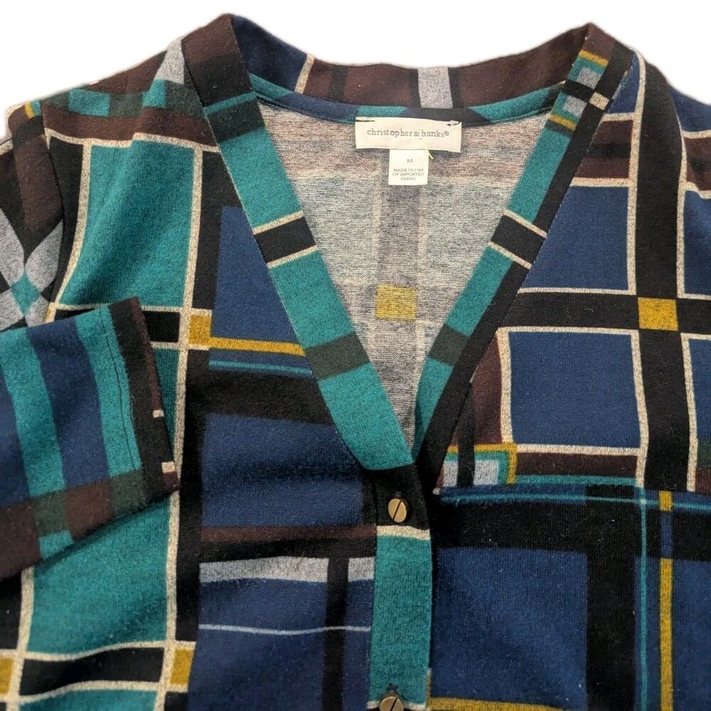 Vintage Christopher & Banks Womens Cardigan Sweater M Blue Geometric Classy Prep